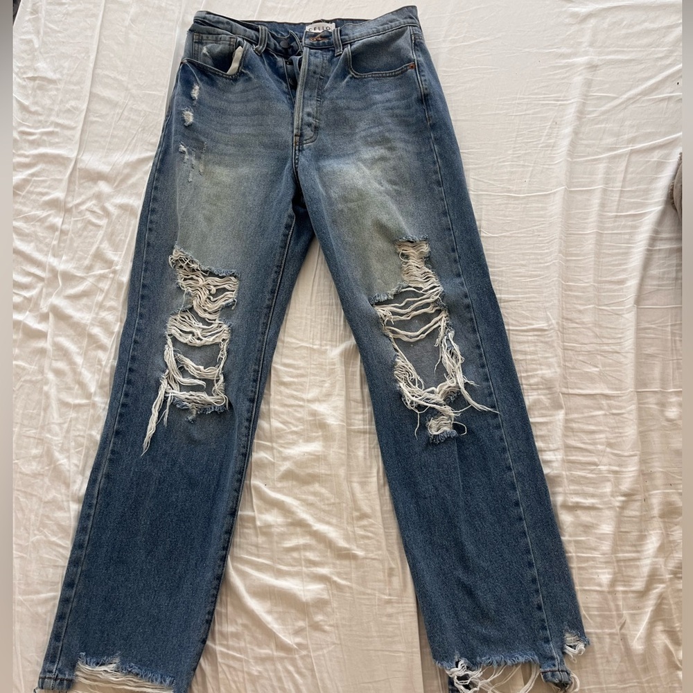 Cello Cello Medium Light Wash Distressed Knee Wide Leg Jeans